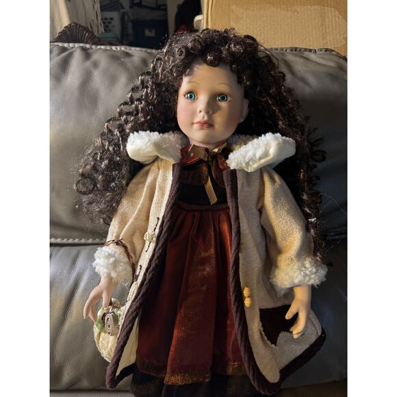 -DOLL PORCELAIN swan collection Long Brown Curly Hair Blue Eyes 21” - Picture 11 of 13